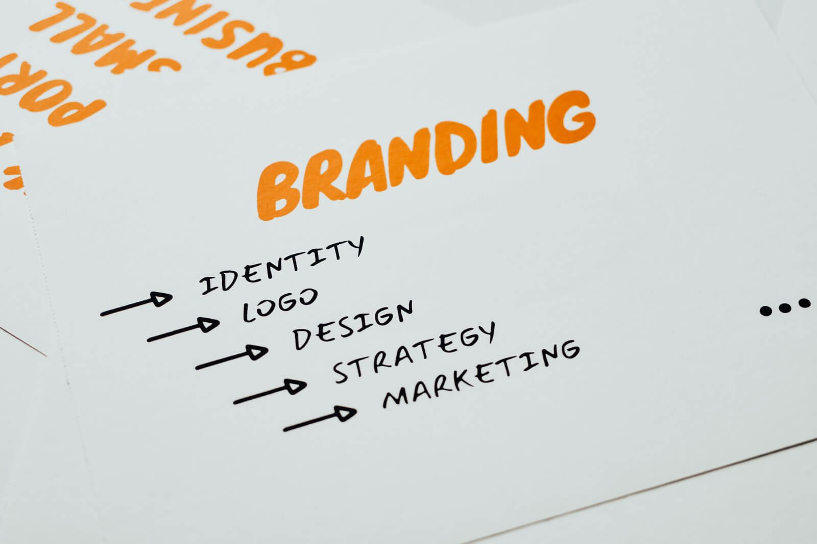 palabras de branding, identidad y estrategia sobre papel para definir un logotipo